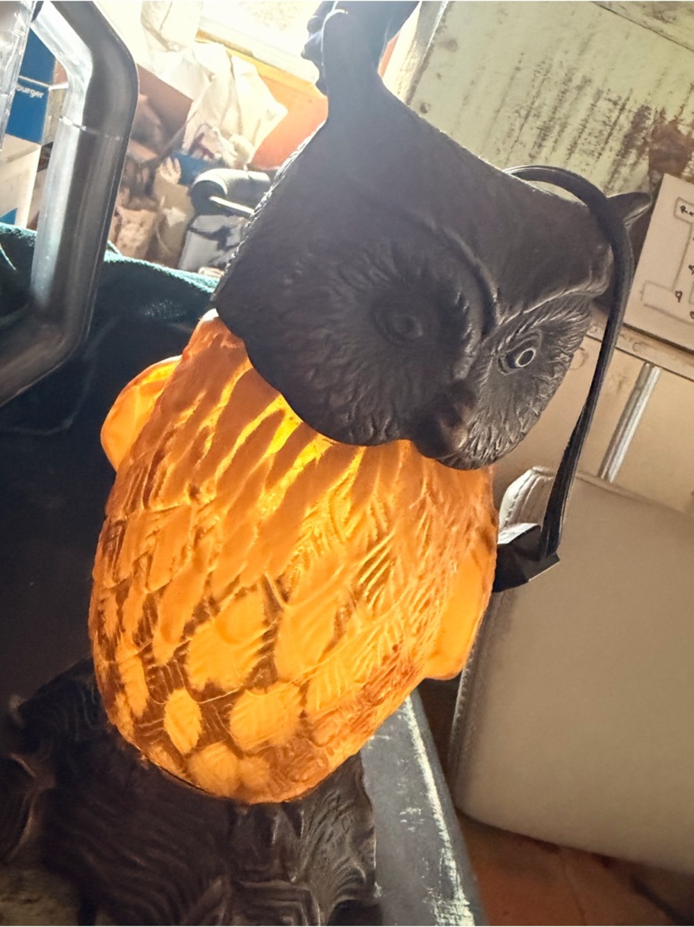 Vintage Amber Glass Owl Lamp with Black Metal Accents Tin Chi